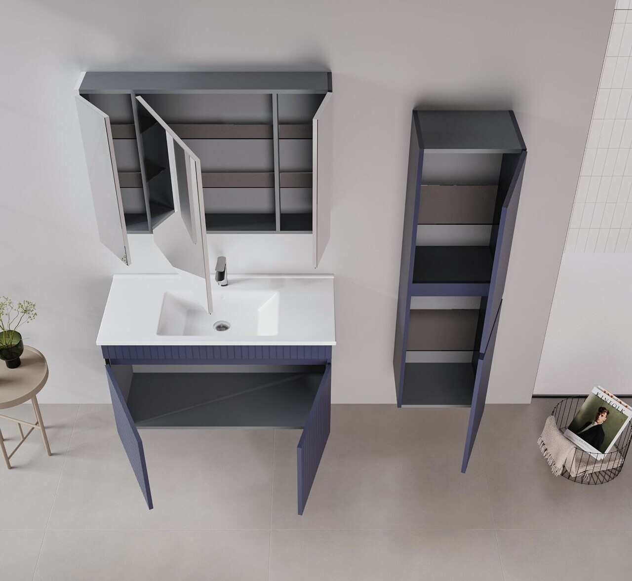Dulap de baie cu chiuvetă, Hanah Home, Tivoli 100, Albastru marin mat — imaginea 3