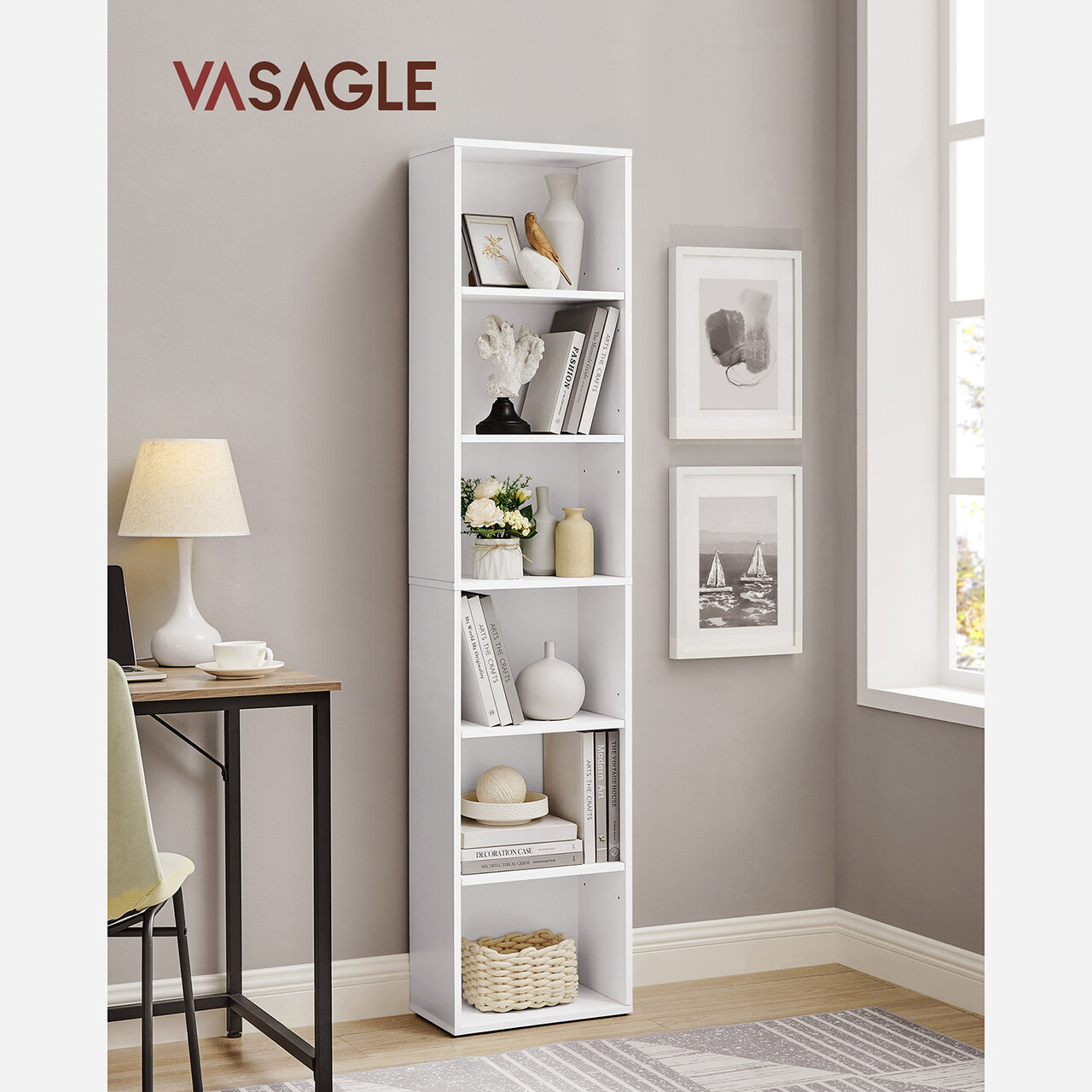 Corp biblioteca cu 6 rafturi, Vasagle, Scandinavian, 40x24x178.5 cm, PAL, alb