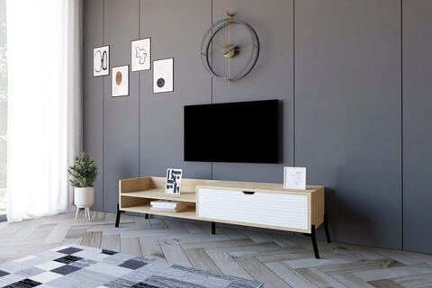 Comoda TV, Puqa Design, Trezza, 160x36x40 cm, PAL, Stejar Safir / Alb mezoni.ro