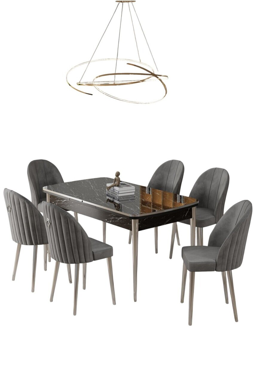 Set masa extensibila si scaune (7 piese), Hanah Home, Rada, Model de marmură neagră / Crom / Gri — imaginea 2