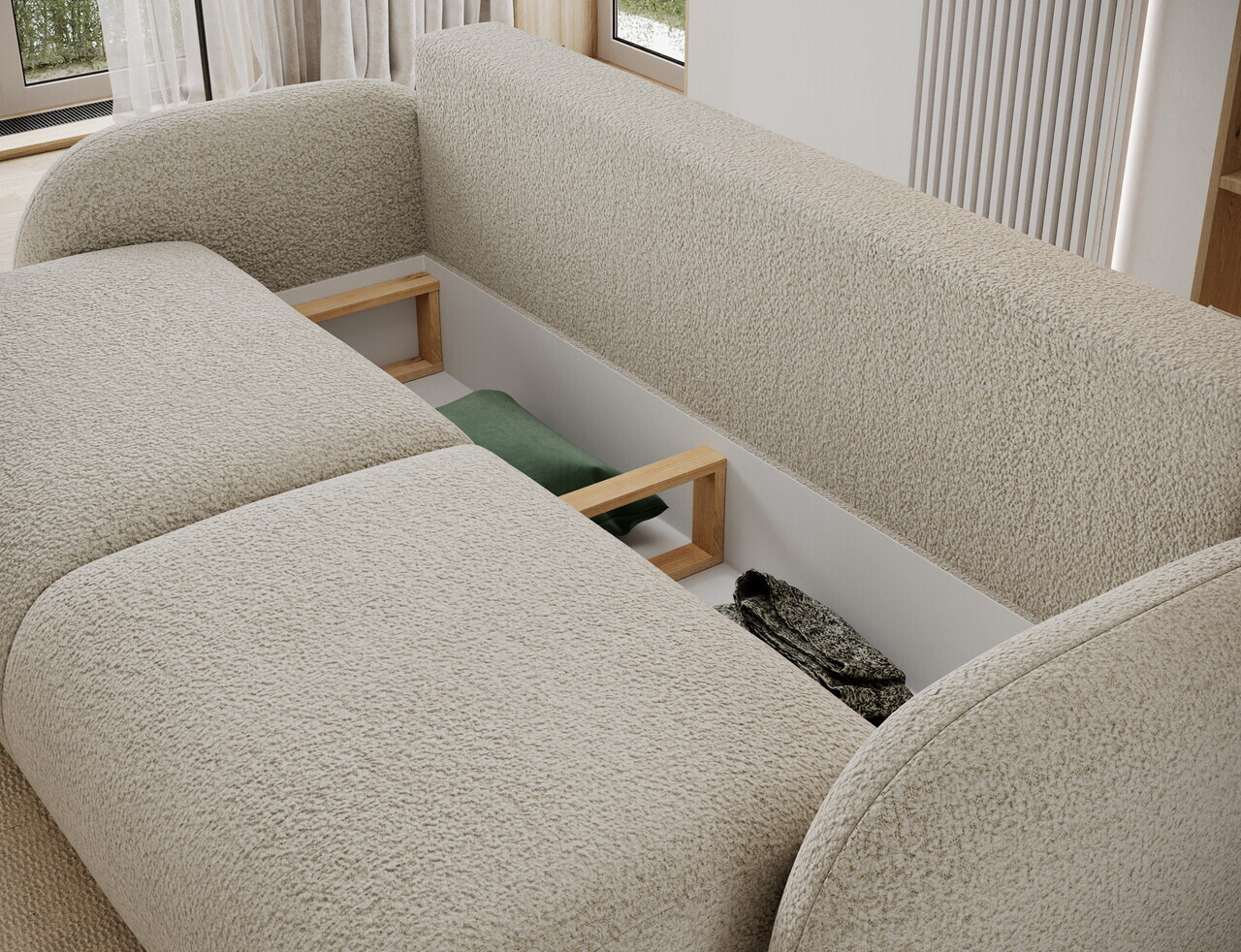 Canapea extensibila 3 locuri ELTAP, Avuela, 250x105x94 cm, lemn/tesatura boucle, bej — imaginea 7