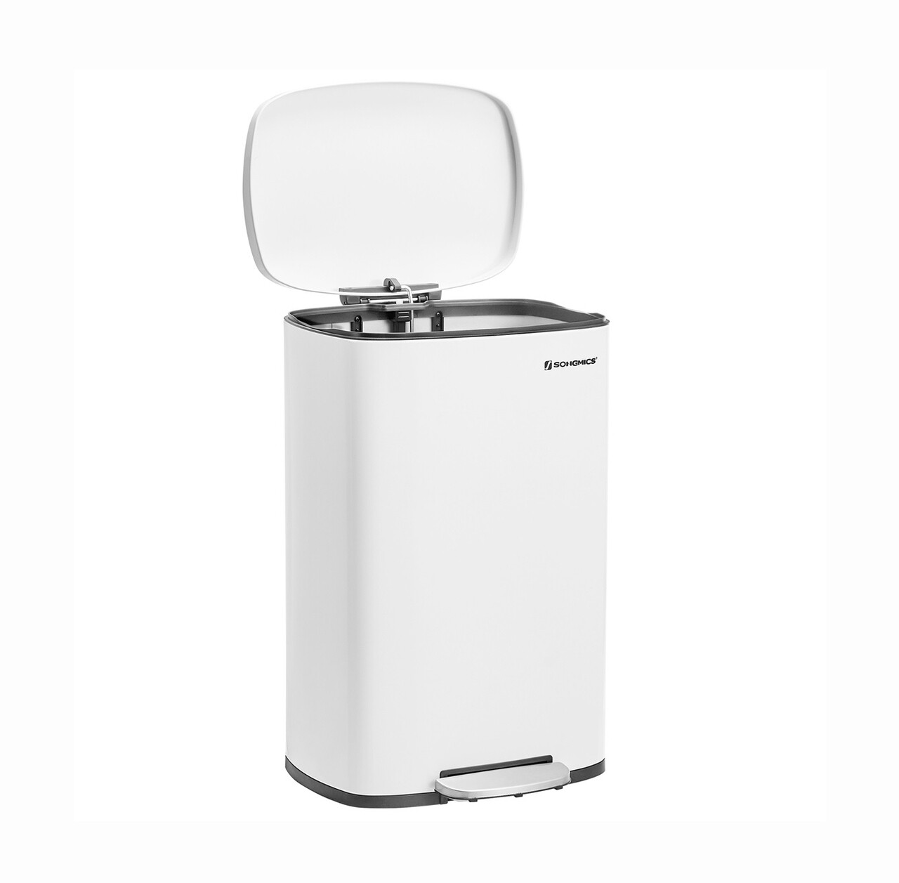 Cos de gunoi cu pedala 50 L, Songmics, inchidere soft close, capac cu balamale, igienic, etans, 43.2x37.1x63.2 cm, otel, alb