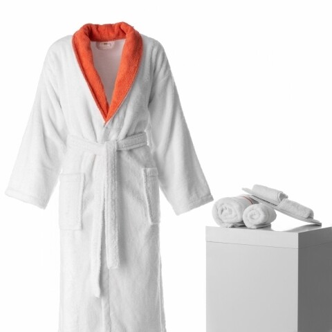 Set de baie dama, 4 piese, 100% bumbac organic, White/Coral