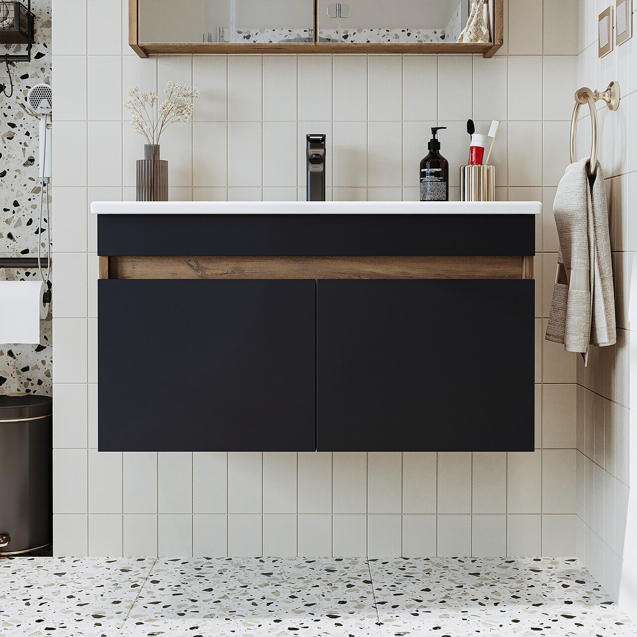 Dulap de baie cu chiuvetă, Hanah Home, 1910, 85x48x45.5 cm, MDF-LAM, Pin Atlantic / Antracit — imaginea 2
