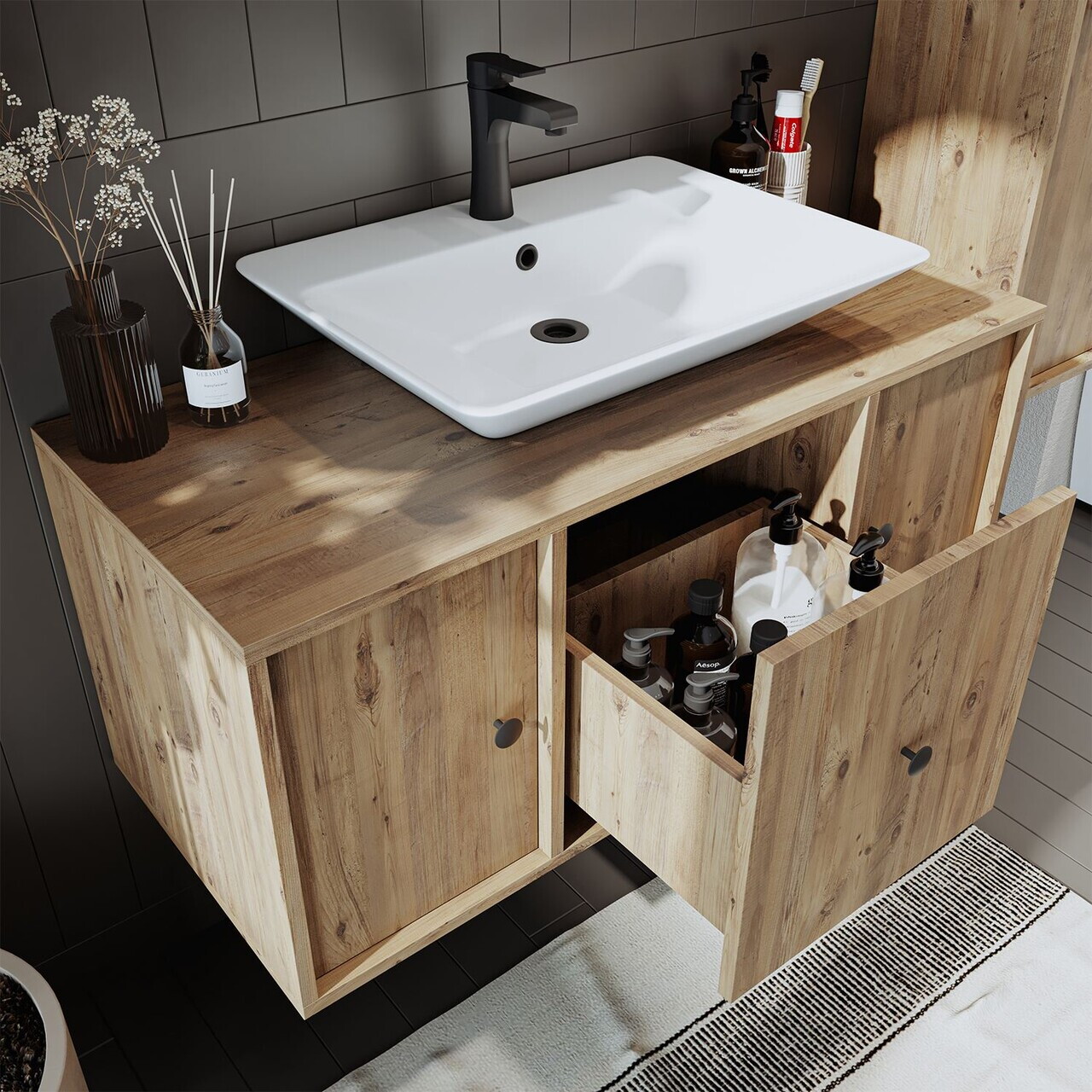 Set Dulap de Baie cu Chiuvetă și Oglindă (2 Piese), Hanah Home, 2556, MDF, Maro — imaginea 5