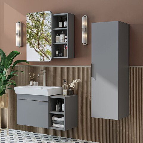 Set Dulap de Baie cu Chiuvetă și Oglindă (3 Piese), Hanah Home, 2934, PAL MELAMINAT, Frasin