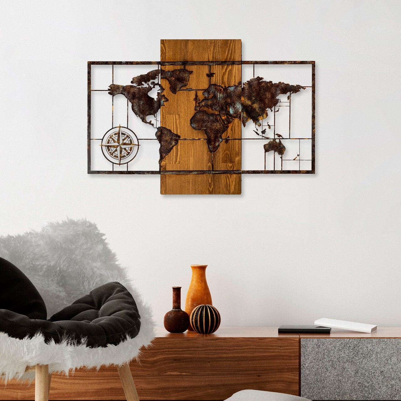 Decoratiune de perete, World Map With Compass 5, Dimensiuni: 58 x 85 cm, Nuc / Maro - view 3