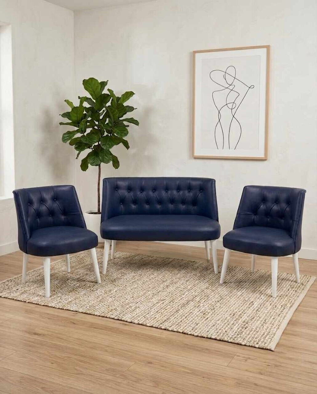 Set fotoliu extensibil și canapea cu 2 locuri (3 piese), Atelier del Sofa, 281ELR1224, Albastru inchis