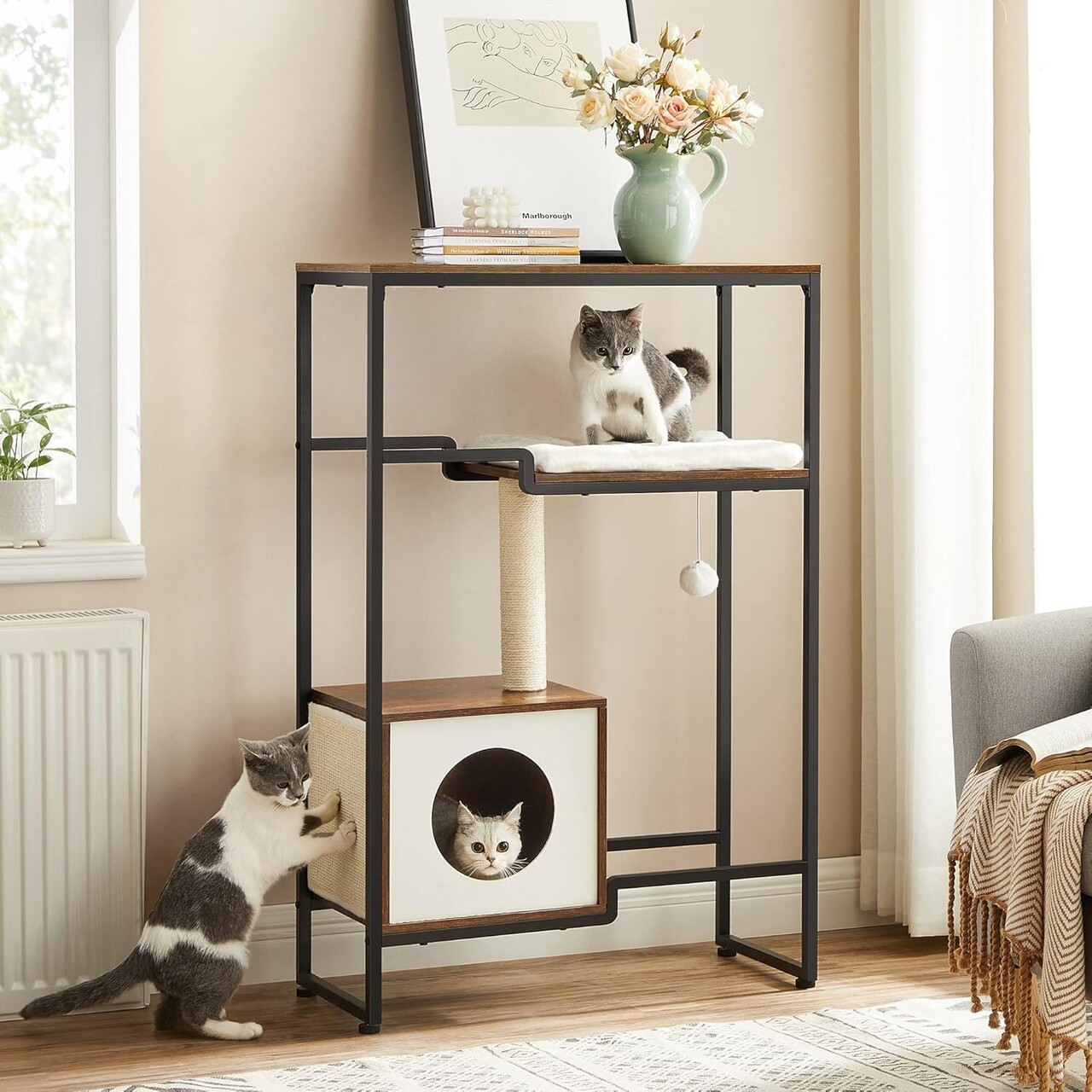 Mobilier 2in1 pentru pisici cu culcus si stalp pentru zgariat, Feandrea, 74x34x114 cm, PAL/otel/sisal, maro - 1 | YEO