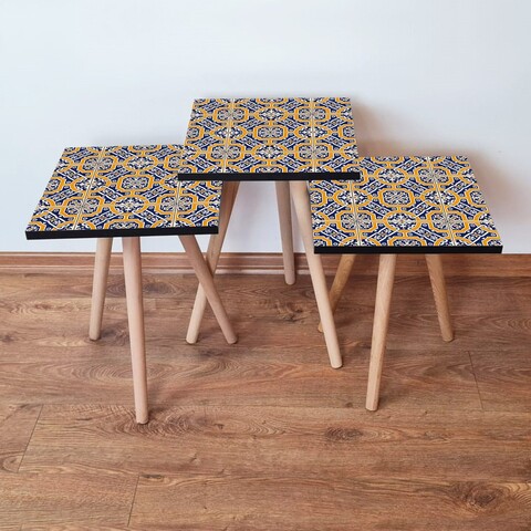 Set masute 3 piese, Leona, 3Shp35, Bleumarin / Portocaliu / Alb