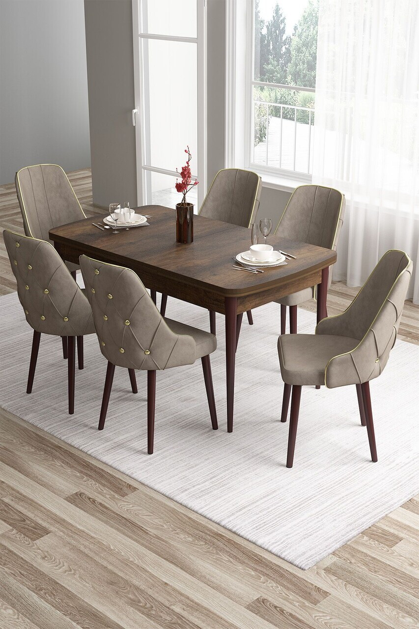 Set masa si scaune (7 piese), Hanah Home, Tia, Model baroc din lemn / Cappuccino