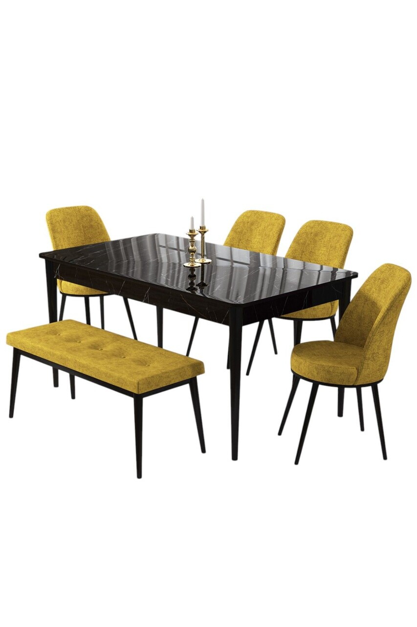 Set masa si 6 scaune, Hanah Home, Pir, Model de marmură neagră / Muștar — imaginea 2
