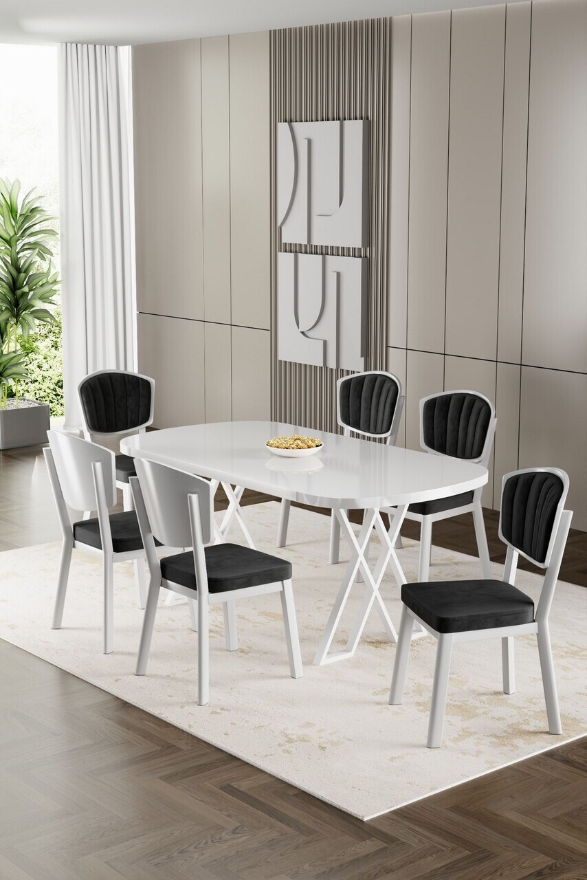 Set masa si scaune (7 piese), Hanah Home, Flori, Alb/Negru