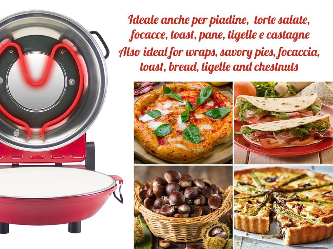 Cuptor electric pizza Beper, 36x35x17.5 cm, 1200W, 5 trepte, ceramica/inox, rosu - view 6