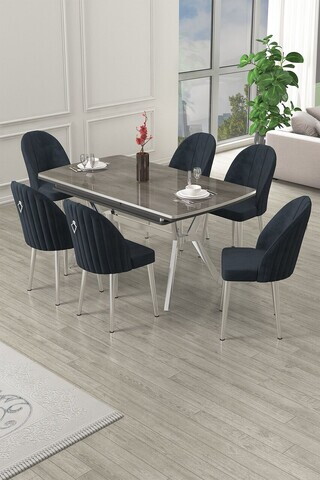 Set masa extensibila si scaune (7 piese), Hanah Home, Sim, Antracit / Crom