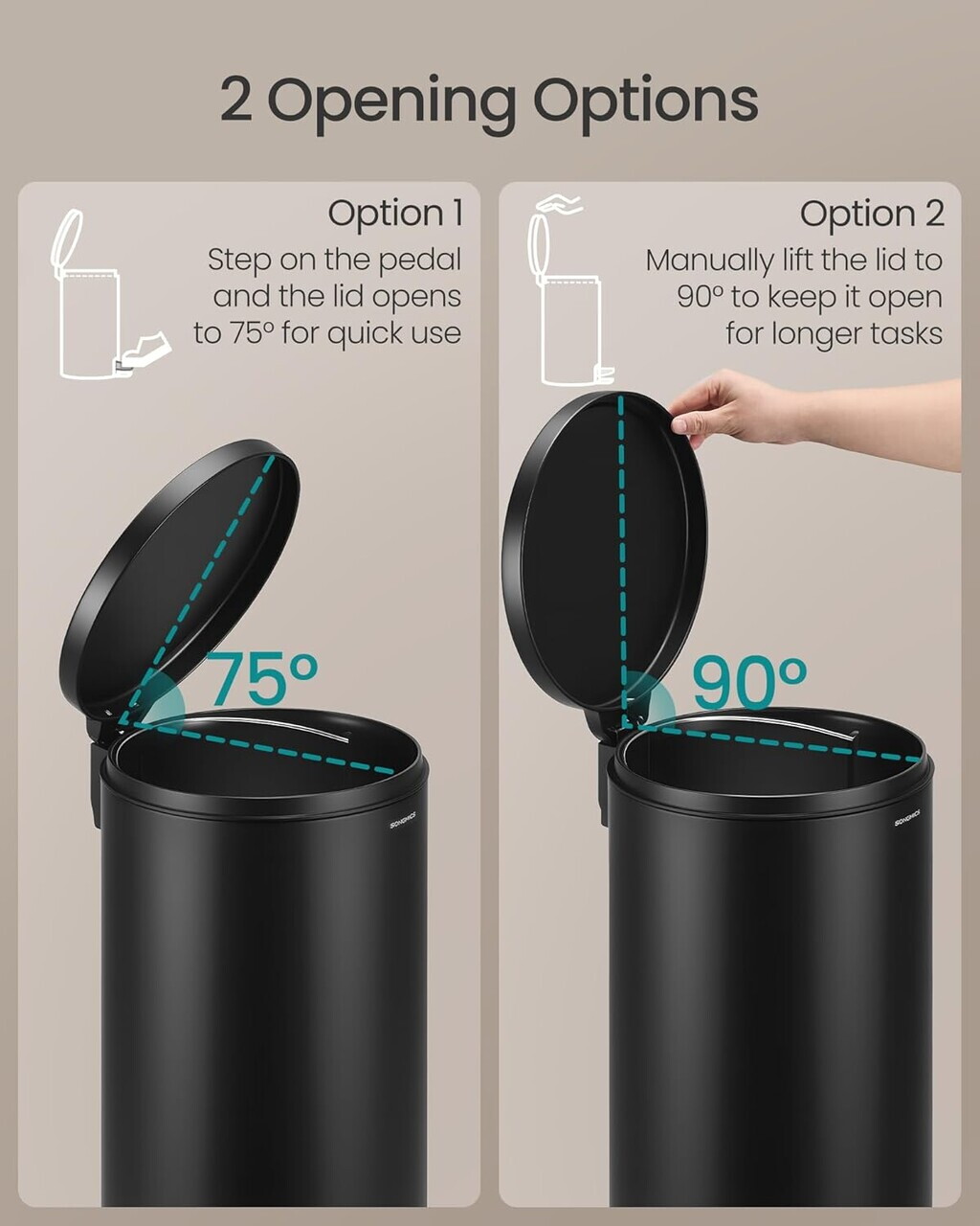 Cos de gunoi cu pedala 30L + 15 saci menajeri, Songmics, capac soft-close, otel, negru - imagine 4