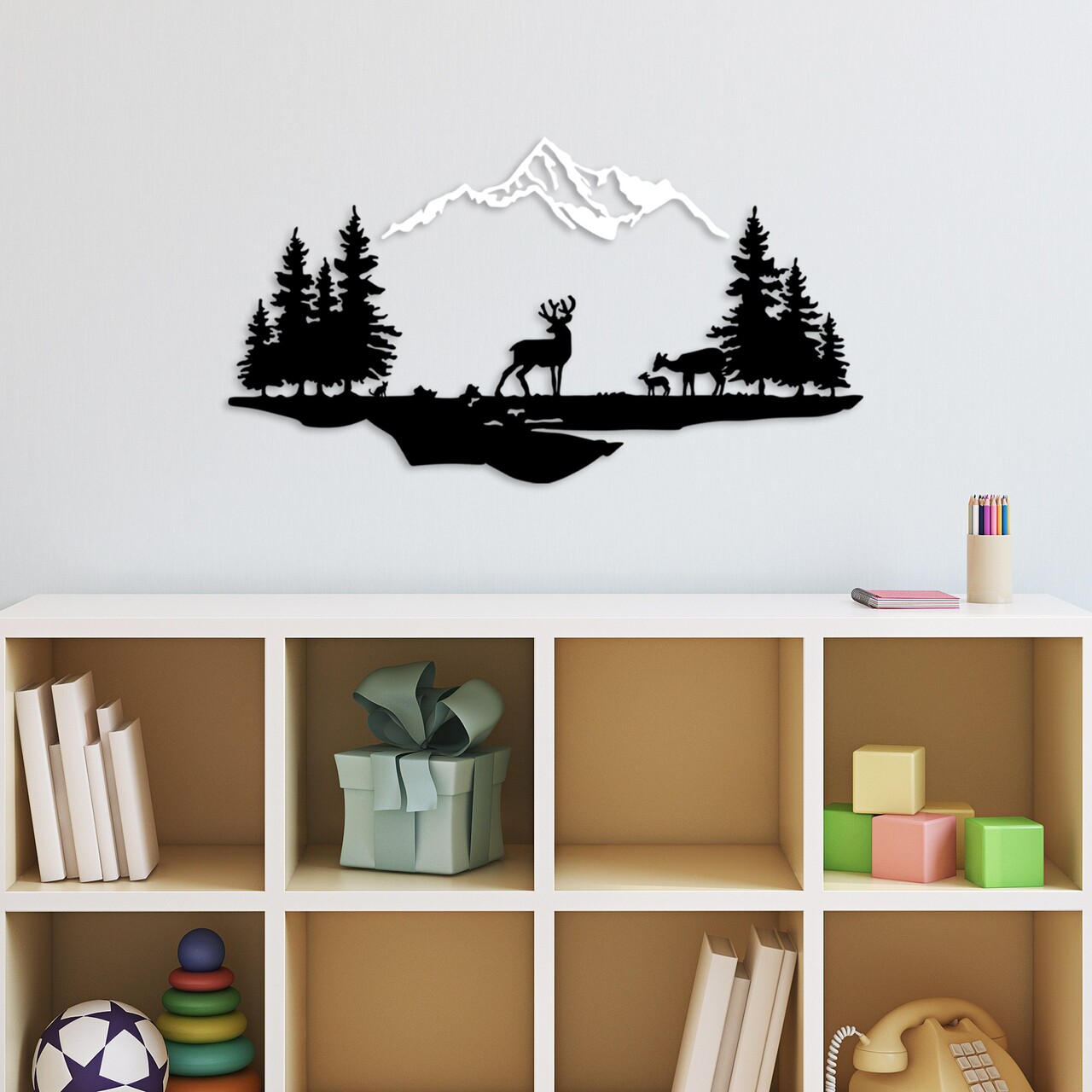 Decoratiune de perete, Deer And Landscape, Dimensiune: 38 x 11 cm (1 bucată), Alb/Negru - view 2