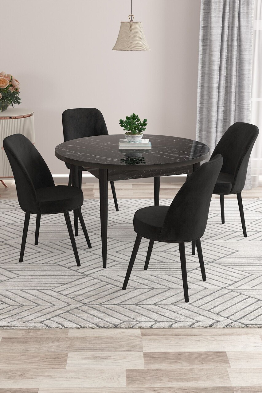 Set masa si scaune (5 piese), Hanah Home, Kea, Model de marmură neagră / Negru