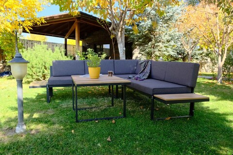 Set mobilier de gradina, valovi, mers corner, metal, negru / lemn / gri