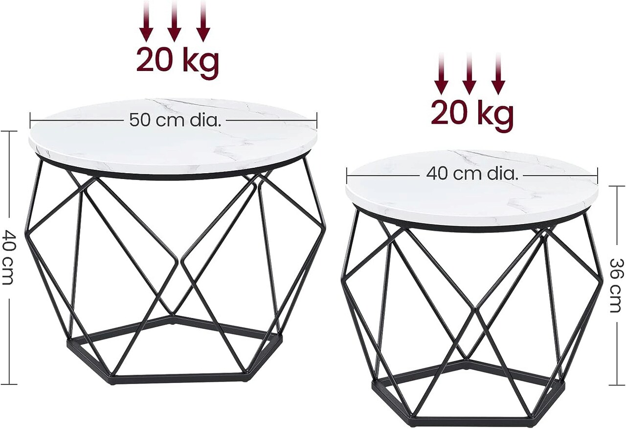 Set 2 masute de cafea Vasagle Geometric Round, Ø50 x 40 cm, PAL/otel, alb/negru