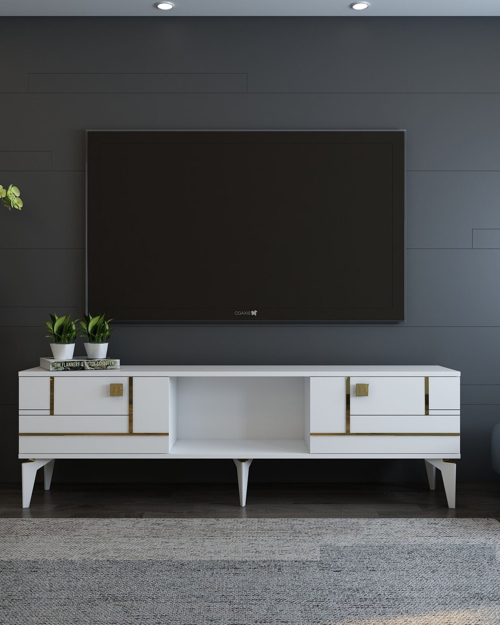 Comoda TV, Olivia, Madera, Alb/Auriu