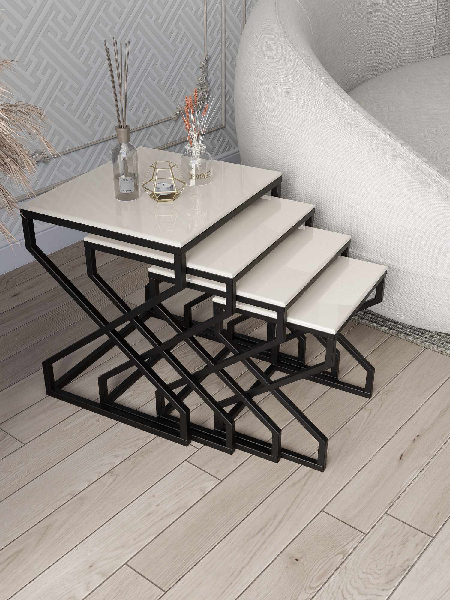 Set masute Nesting 4 piese, Hanah Home, Ela, Negru / Crem