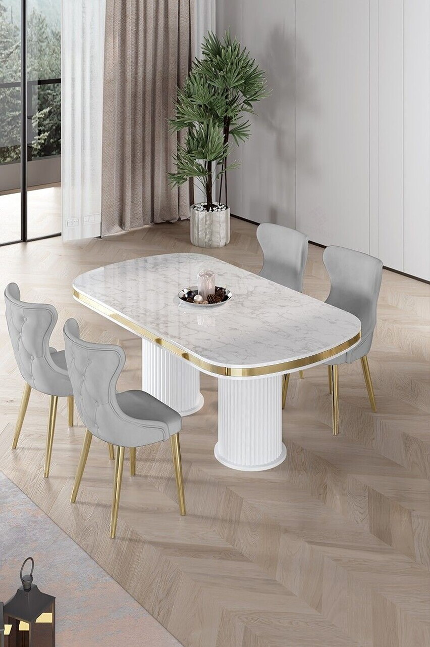 Set masa si scaune (5 piese), Hanah Home, Galya, Model de marmură albă / Auriu / Gri