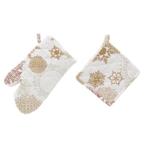 Set 2 piese pentru bucatarie Snowflakes, InArt, bumbac, alb/auriu