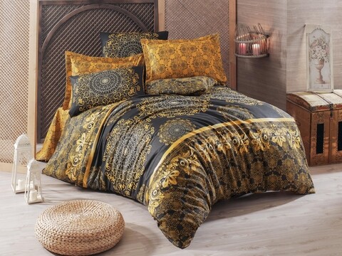 Lenjerie de pat dubla, eponj home, sehri ala gold, 4 piese, amestec bumbac, negru/galben