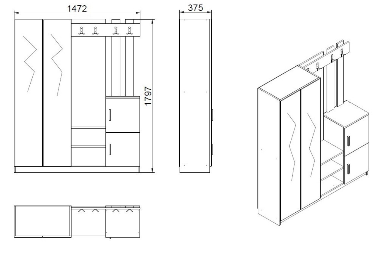 Dulap Cu Pantofar, Cuier Si Oglinda DD8-AW, Locelso, 147.2x37.5x179.7 Cm, PAL, Natural/alb