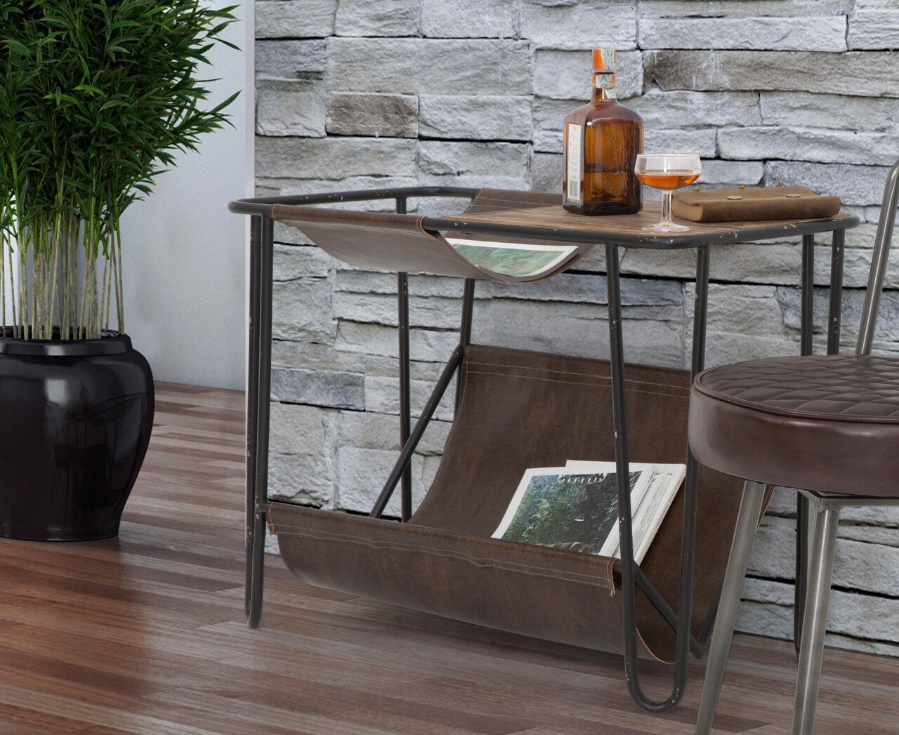 Masuta cu suport reviste Simply, Mauro Ferretti, 83.5x42x61 cm, fier, negru/maro - 2 | YEO