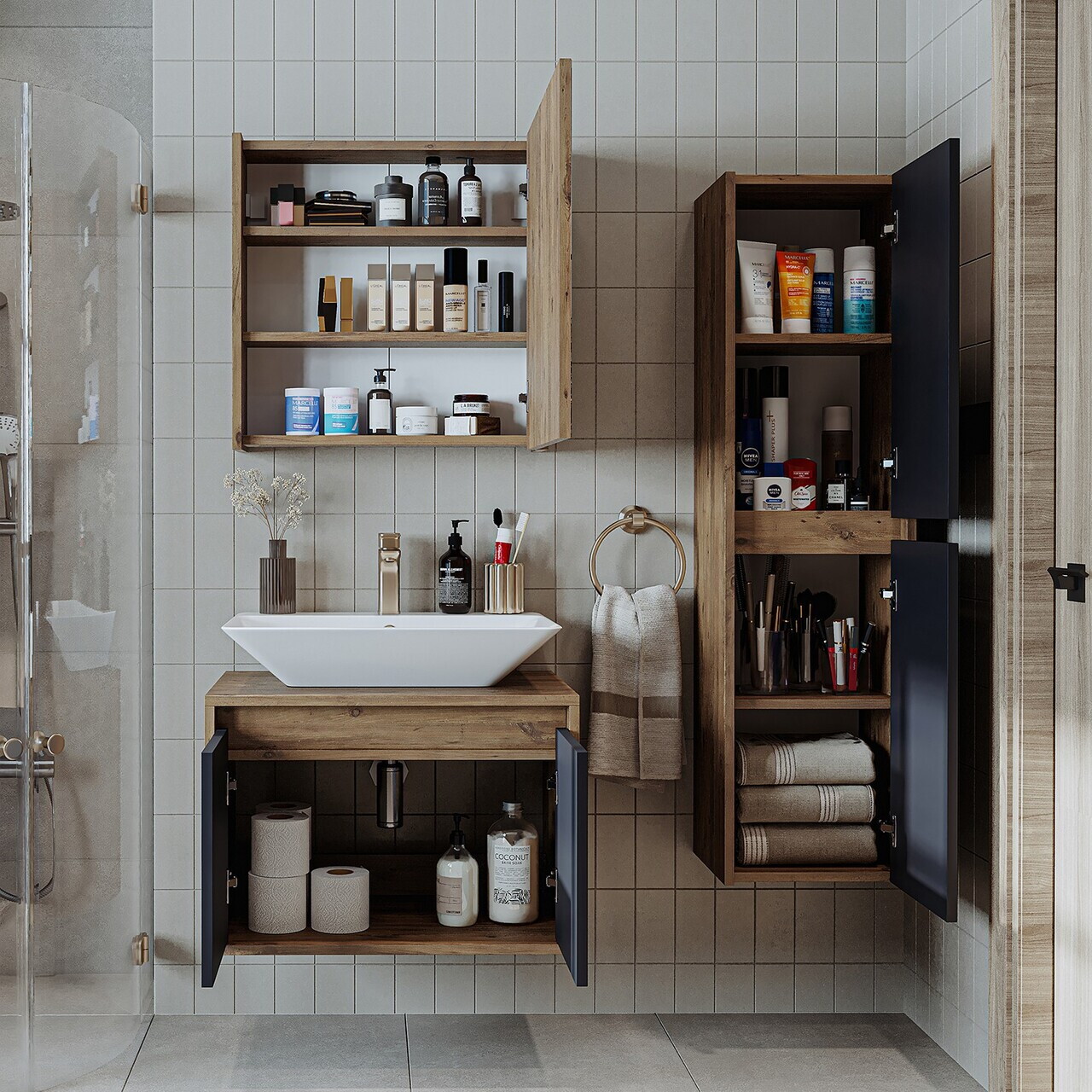 Set Dulap de Baie cu Chiuvetă și Oglindă (3 Piese), Hanah Home, 1702, MDF-LAM, Pin Atlantic / Antracit — imaginea 4