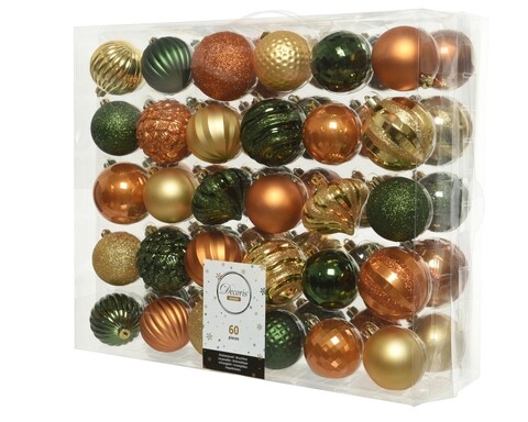 Cutie cu 60 globuri asortate Mix, Decoris, plastic, auriu/verde