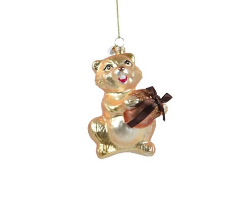 Glob squirrel w acorn in hand, decoris, 5x11x9 cm, sticla, maro/auriu