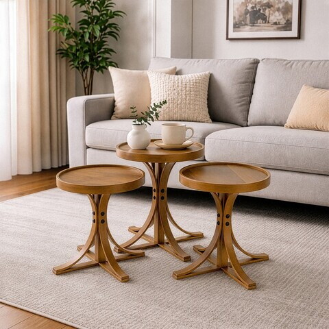Set masute 3 piese, Hanah Home, Palm 3, LEMN MASIV DE STEJAR, Stejar