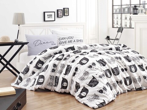 Lenjerie de pat dubla Super King (FR), 3 piese, Melone – Black, White, Acasă EnLora, 65% bumbac/35% poliester EnLora Home