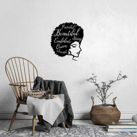 Decoratiune de perete, beautiful / confident / queen, metal, dimensiune: 60 x 70 cm, negru
