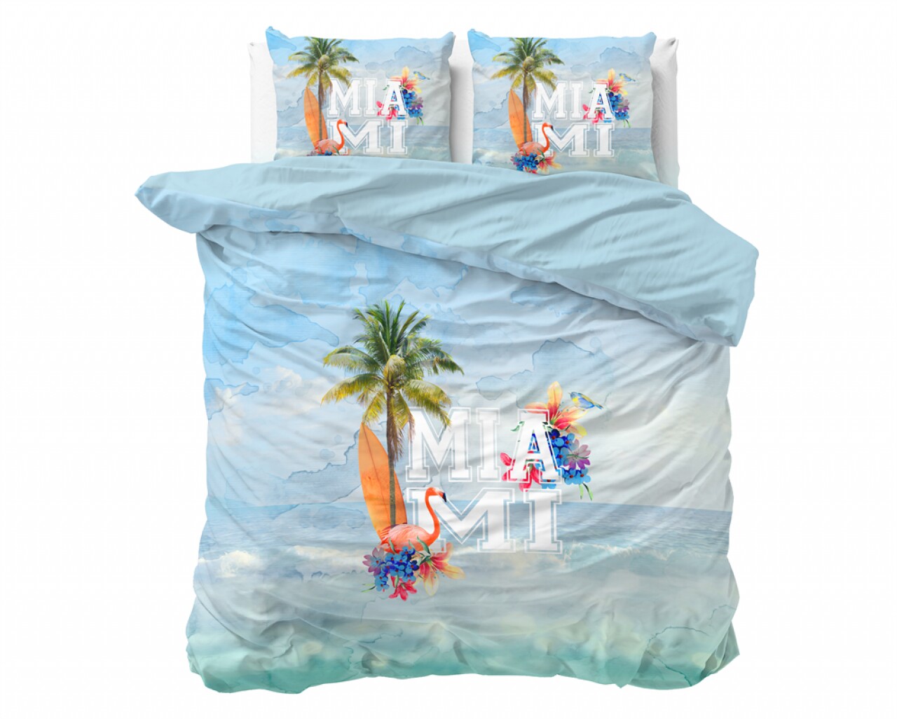 Lenjerie De Pat Dubla Pure Miami Summer Blue, Dreamhouse, 3 Piese, 100% Bumbac, Multicolora