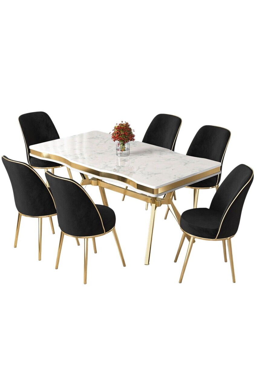 Set masa si scaune (7 piese), Hanah Home, Prah, Model de marmură albă / Auriu / Negru — imaginea 2