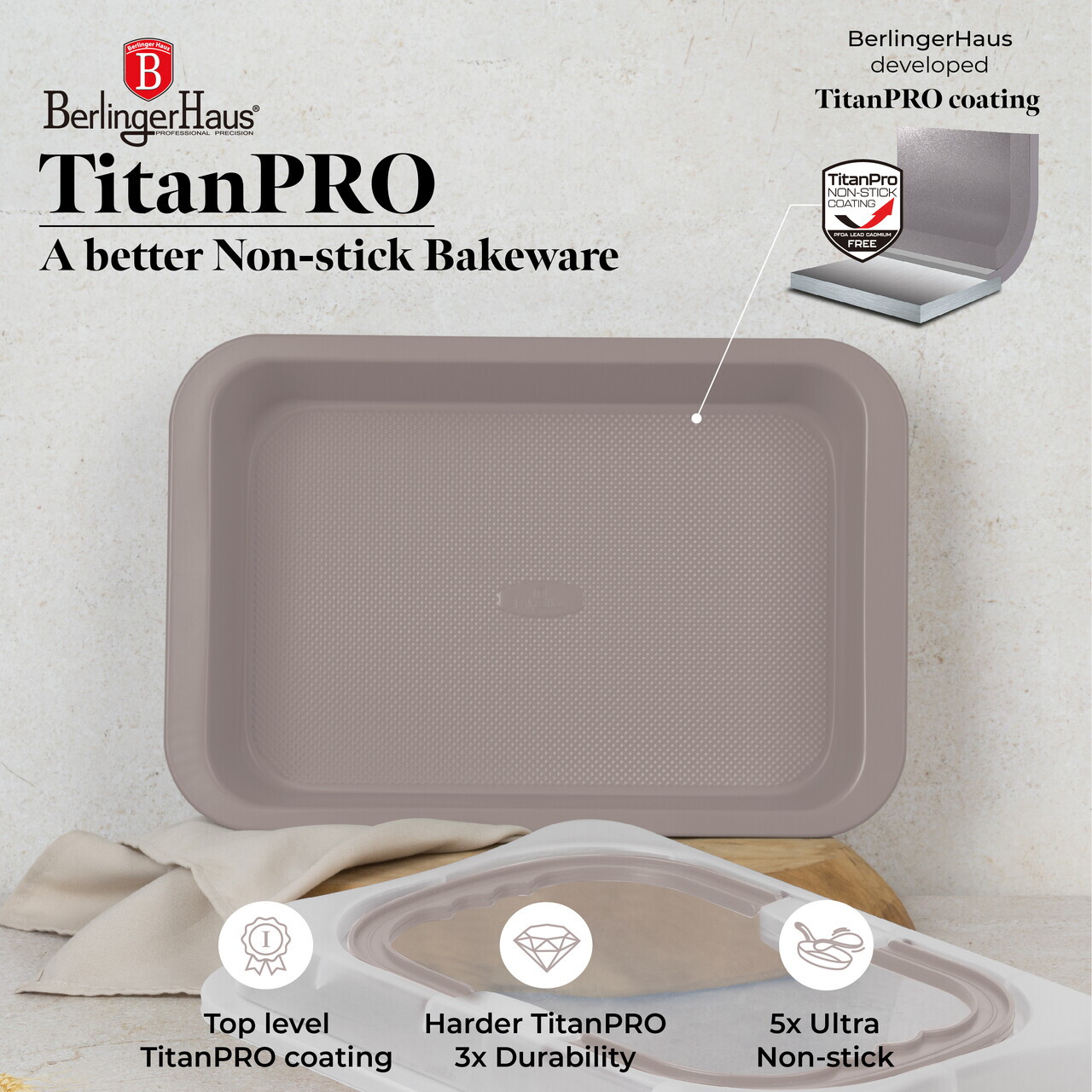 Tava cu capac Berlinger Haus, Taupe, 36.5x24.5x5.5 cm, otel carbon/plastic, taupe mat/alb - imagine 7