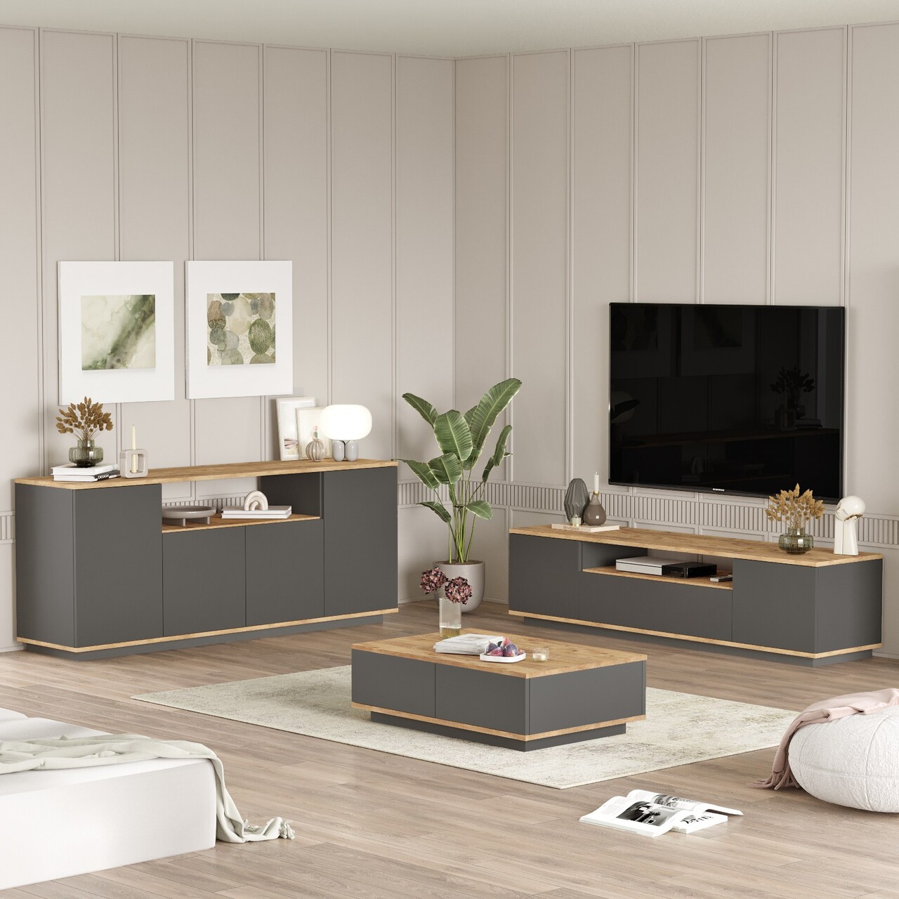Set mobilier living, Hanah Home, FR18-AA, Pin Atlantic / Antracit - imagine 2