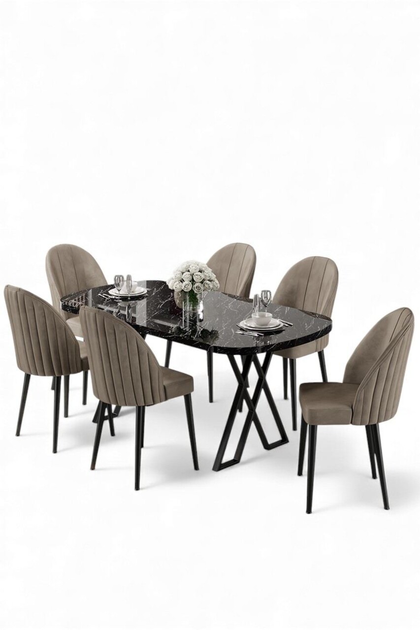 Set masă și scaune (7 piese), Hanah Home, Kaye, Marmură neagră / Cappuccino - view 2
