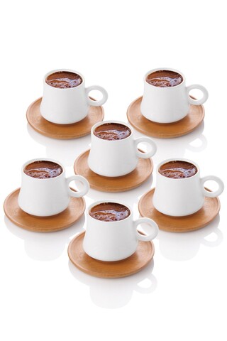 Set 6 cesti cu farfurie bls-bft01, rowe, ceramica/lemn, alb