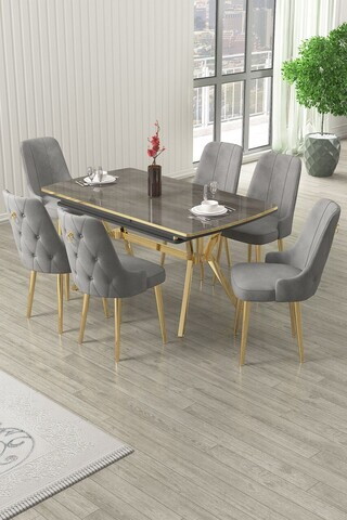 Set masa extensibila si scaune (7 piese), Hanah Home, Nis, Antracit / Auriu / Gri