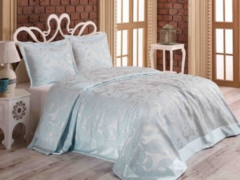 Set cuvertura de pat dubla, 3 piese, 60% bumbac si 40% poliester, Nazenin Home, Şal Mint