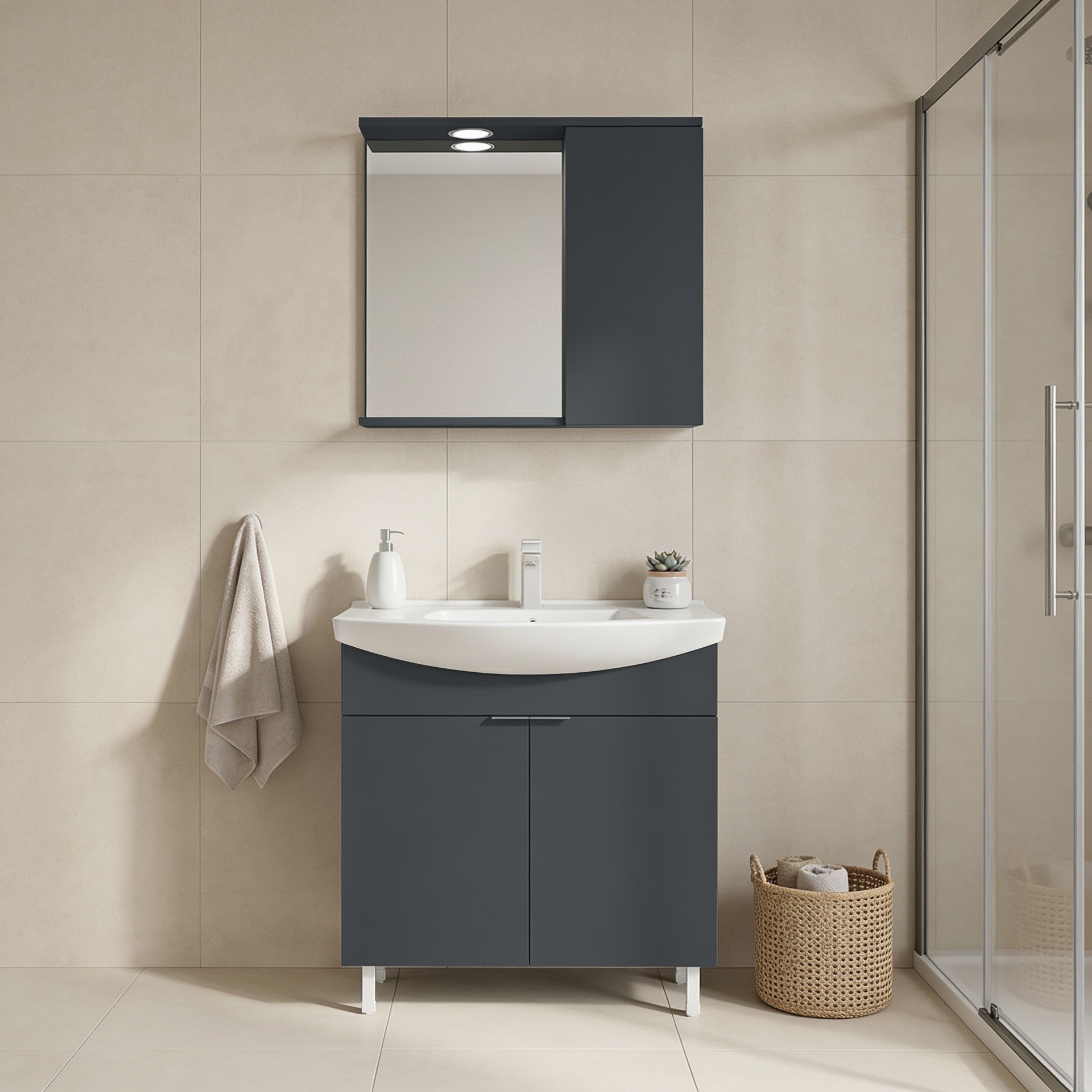 Set Dulap de Baie cu Chiuvetă și Oglindă (2 Piese), Hanah Home, Purus 80, Antracit mat