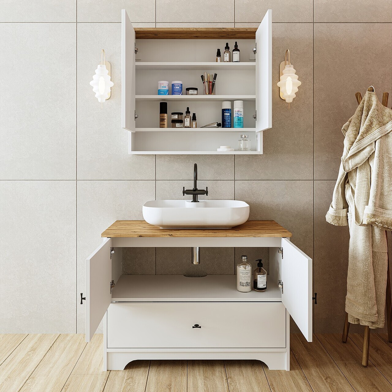 Set Dulap de Baie cu Chiuvetă și Oglindă (2 Piese), Hanah Home, 2396, MDF-LAM, Alb mat — imaginea 3