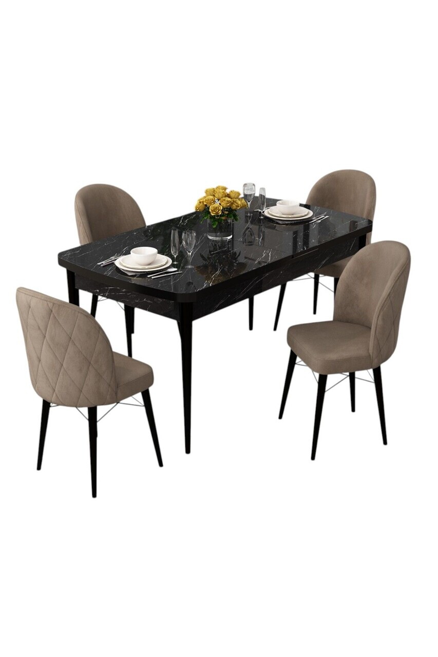 Set masa extensibila si scaune (5 piese), Hanah Home, Rut, Model de marmură neagră / Cappuccino — imaginea 2