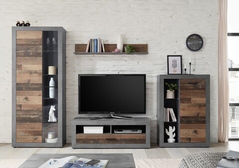 Mobilier pentru living, Fulda, 1 x polita, 1 x comoda, 2 x dulap, PAL, maro/antracit