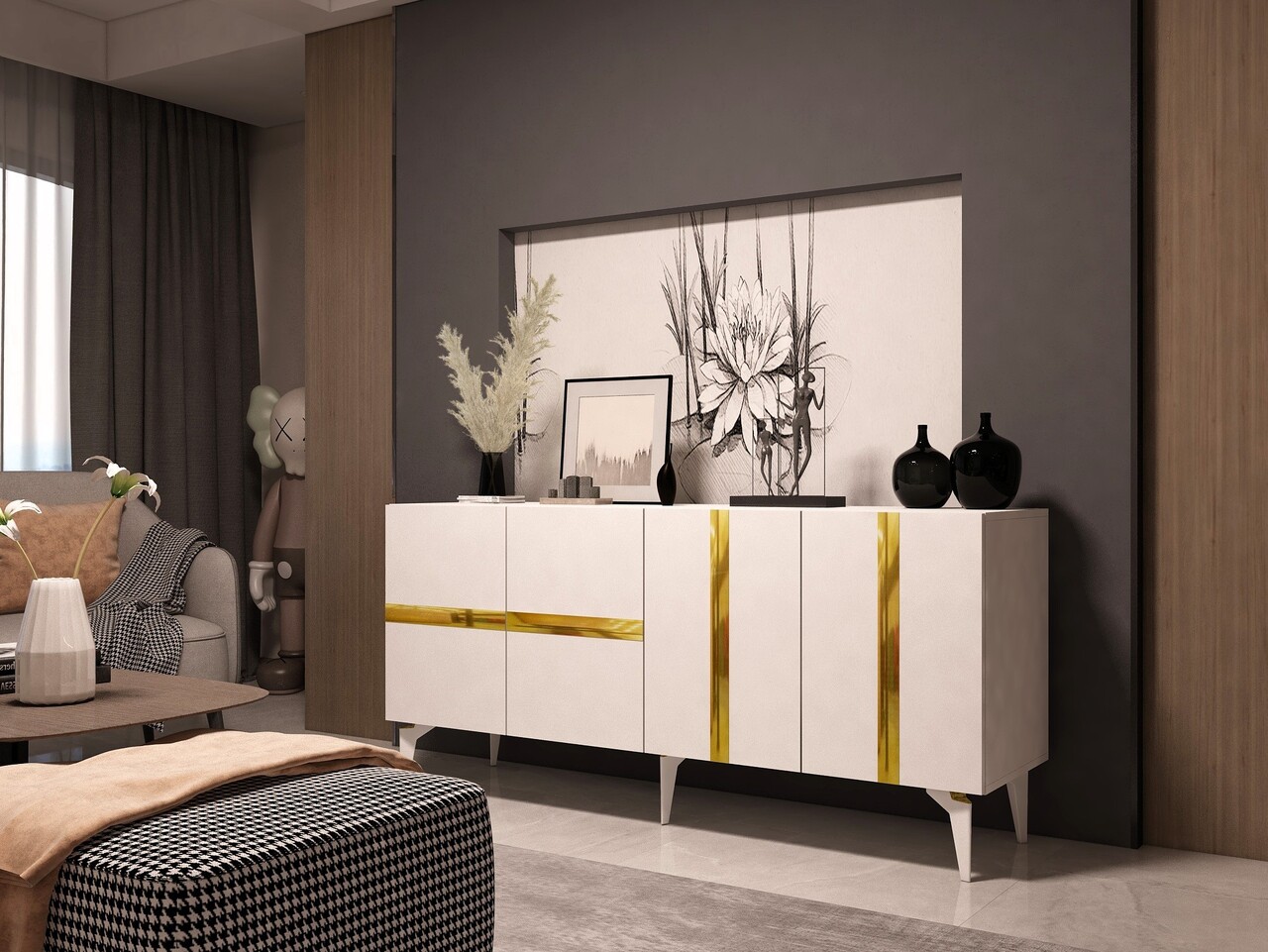 Consola, Olivia, Vania, 150x40x79 cm, PAL , Alb/Auriu - 1 | YEO